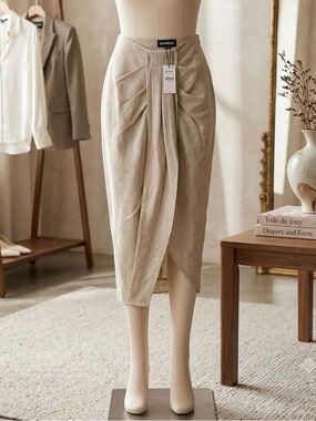 Express Neutral Draped Tulip Midi Skirt
